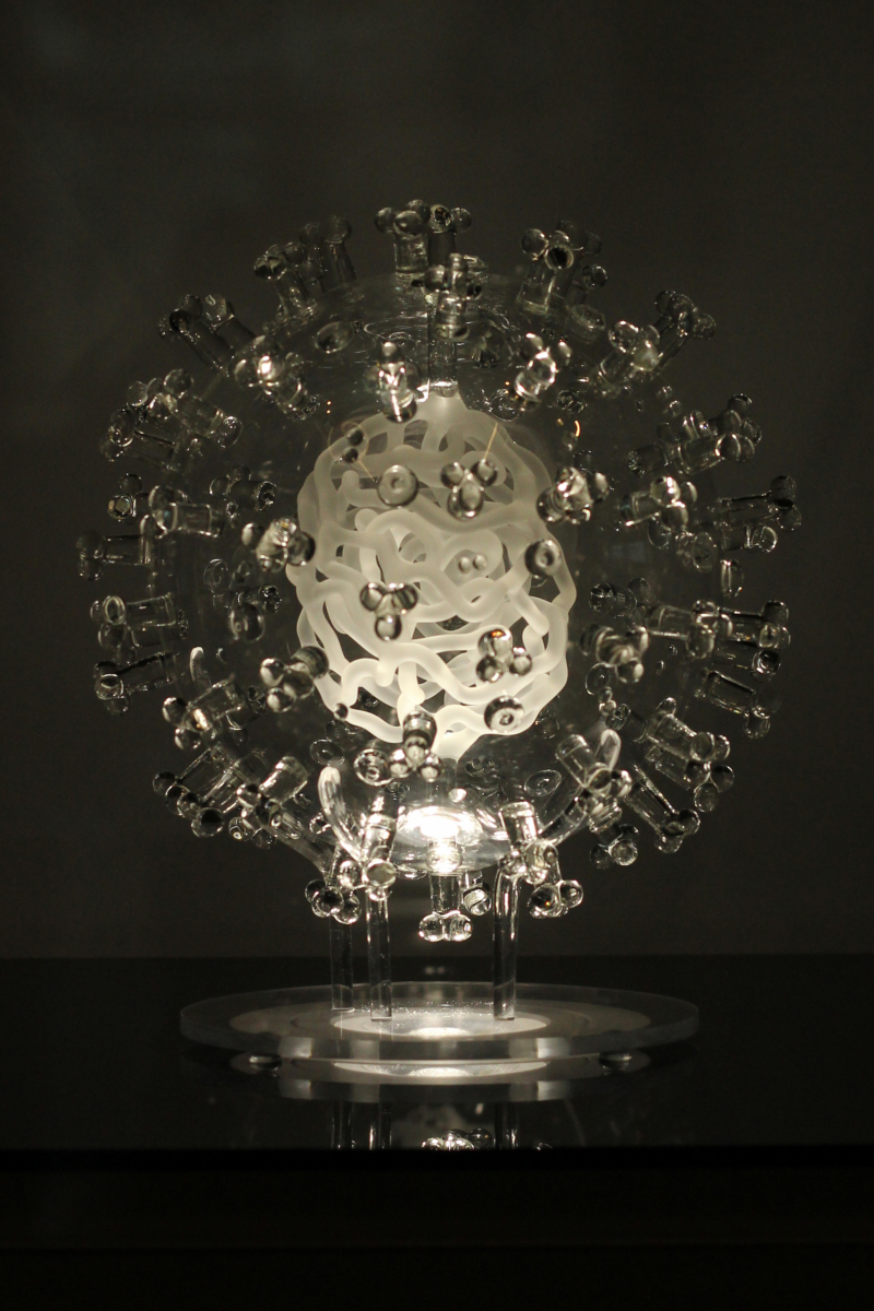 glass coronavirus sculpture by Luke Jerram